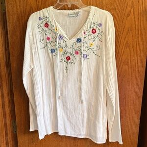 Haband Embroidered V-Neck Peasant Top - White with Multi-Color Floral Embroidery
